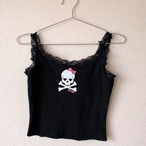Minga London black lace tank top skull and safety pins women's Small